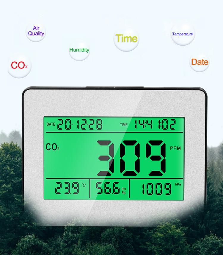 5 in 1 Humidity Time Display Air Quality Monitor Carbon Dioxide Detector with Green Backlight