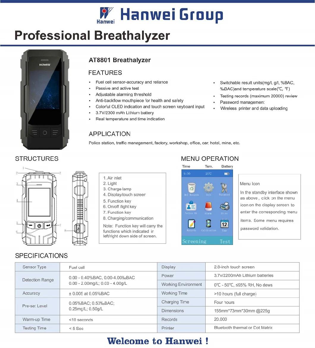 Professional Fuel Cell Type Quick Test Breathalyzer Digital Breath Alcohol Tester for Road Safety Inspection