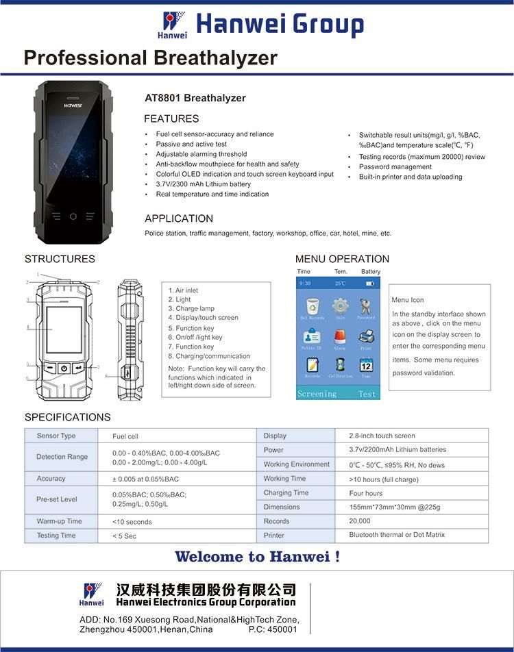 New Design Fuel Cell Smart Module Professional Alcohol Tester/Breathalyzer with 2.8 Inch Color Touch Screen