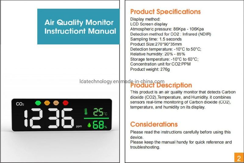 Best Selling Wall-Mounted CO2 Meter Detector Temperature Humidity Sensor with USB Charge