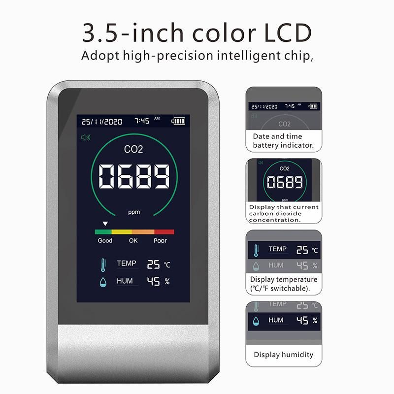 2022 Desktop Type CO2 Monitor Rechargeable Air Quality Detector Indoor Outdoor with Sound Alarm