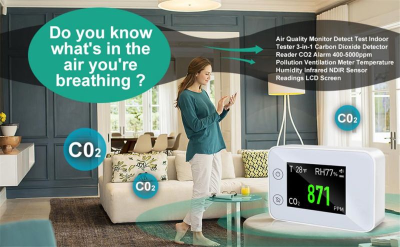 Air Quality Monitor Indoor Carbon Dioxide Detector Voice Alert Large Display Temperature Humidity Meters CO2 Meter