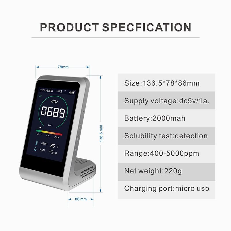 2022 Desktop Type CO2 Monitor Rechargeable Air Quality Detector Indoor Outdoor with Sound Alarm