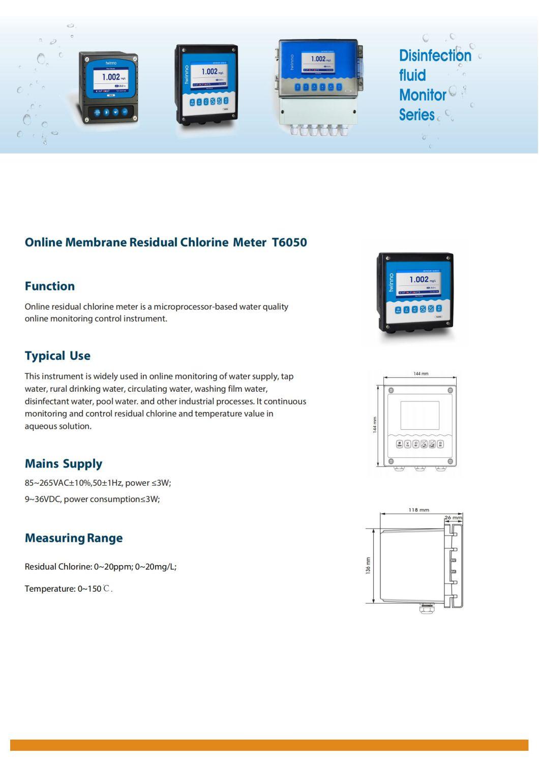 Industrial Online Disinfactant Water Residual Chlorine Meter Analyzer Transmitter