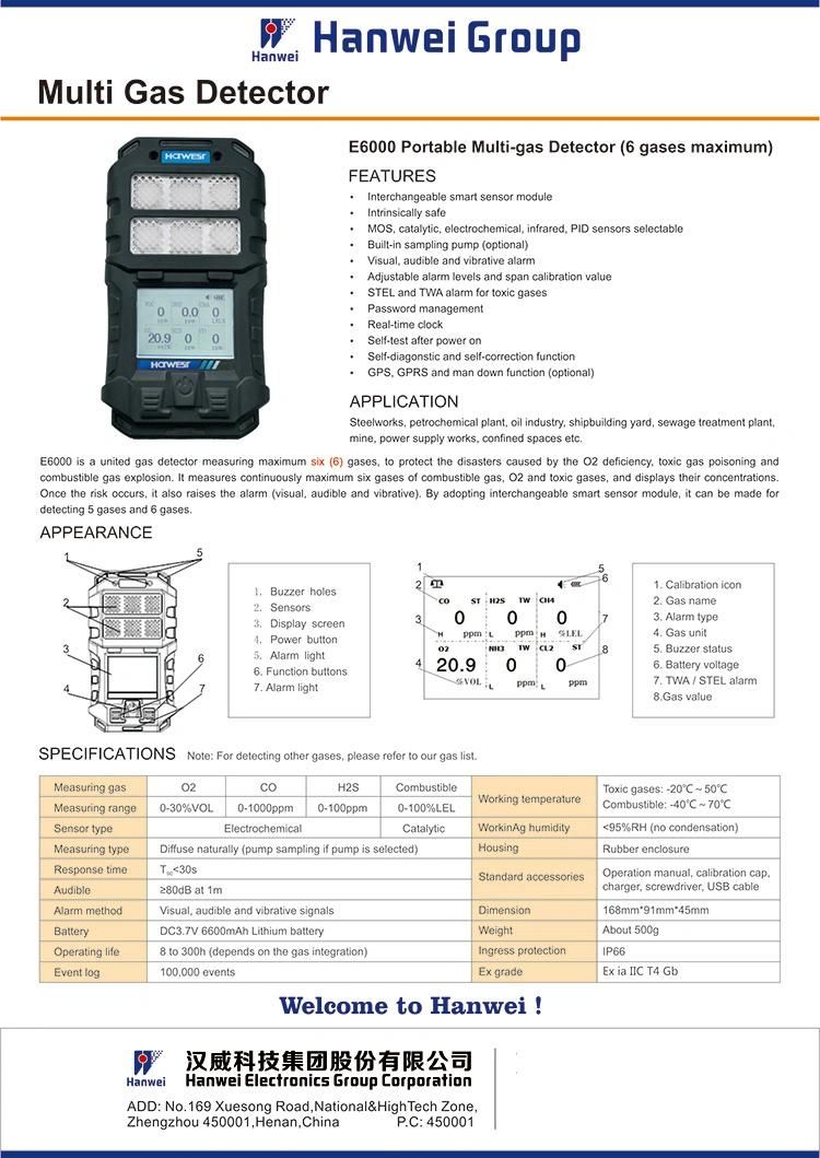 Portable Natural Diffusion Type or Built-in Pump 6 Gas Multi-Gas Detector Alarm Real-Time