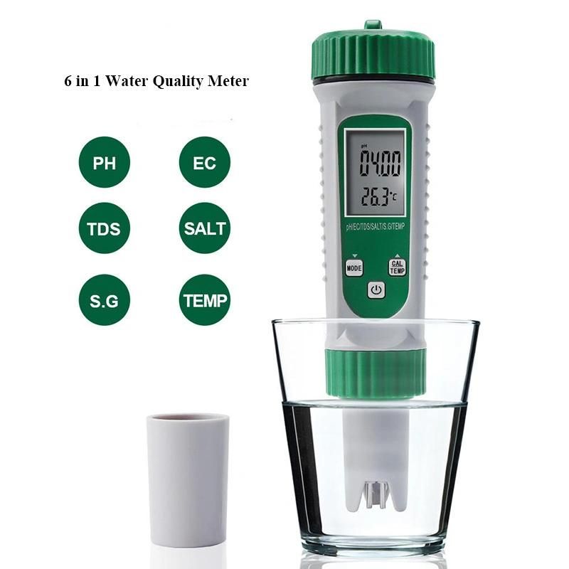 Digital 6 in 1 pH TDS Ec Salt S. G. Temp Meter Acidimeter Ppm Electric Conductivity Salinity Water Quality Tester