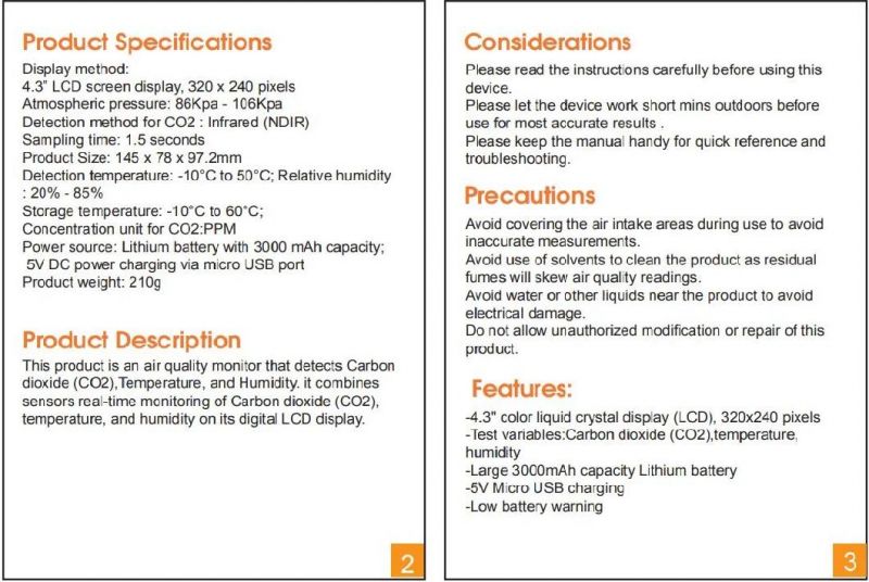 CO2 Ppm Meter Carbon Dioxide Air Detector Monitor Tester Analyzer Gas Analyzer Air Quality Monitor