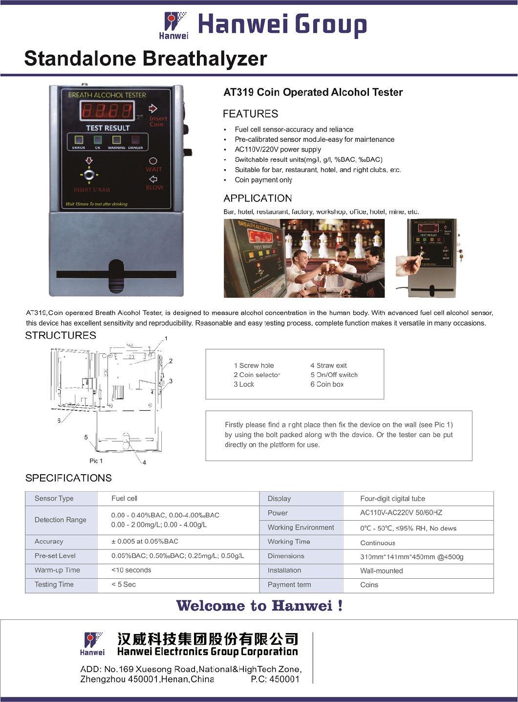 At319 Standalone Coin Operated Alcohol Tester with Bright LED Guide The Operation on The Panel