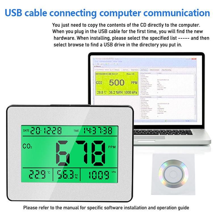 5 in 1 Humidity Time Display Air Quality Monitor Carbon Dioxide Detector with Green Backlight