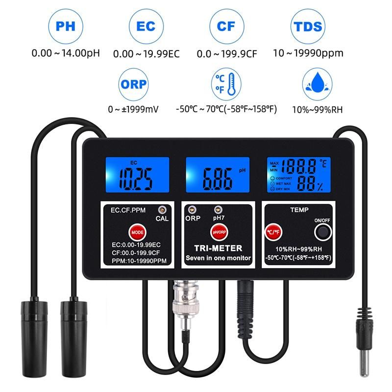 Multiparameter 7 in 1 pH Ec CF Rh TDS Ppm ORP Temp Meter Tester Acidimeter Electric Conductivity Redox Water Tester