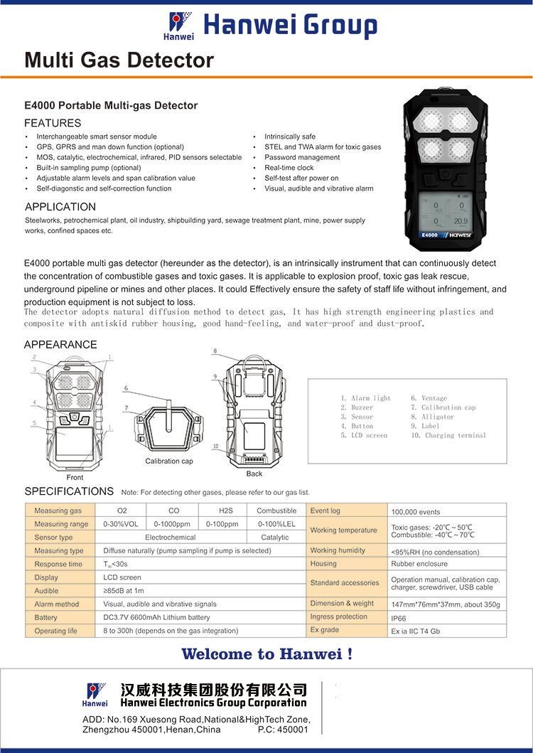 E4000 for Coal Mine Portable Multi Gas Detector, Measure 2 to 4 Gases Sound + Light Alarm