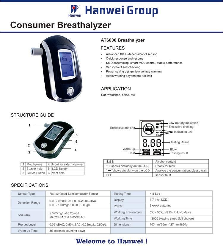 At6000 High Accuracy Test Result and LCD Breath Alcohol Tester Safety for Drivers