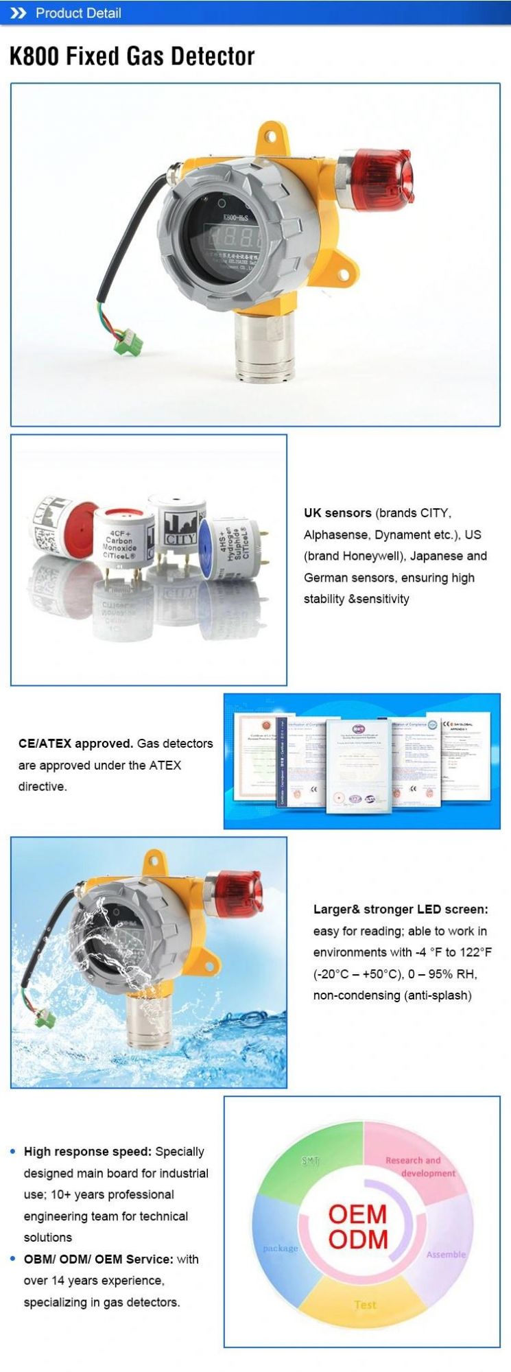 New Gas Alarm Personal Saferty Machine K800 Fixed4-20mA Signal Output Ethylene Gas Leak Detector