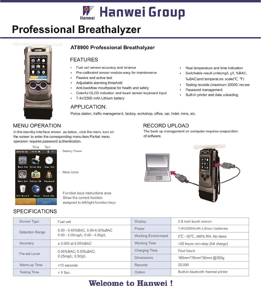 Professional Fuel Cell Breathalyzer with Built-in/Stand-Alone Bluetooth Printer (AT8900)