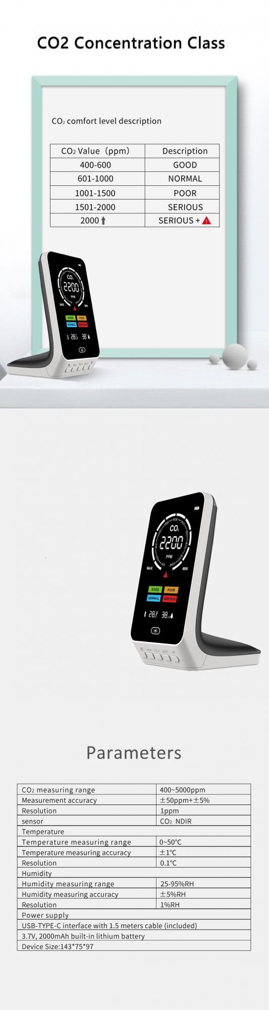CO2 Temperature Humidity Sensor Tester Desktop CO2 Detector Perfect Performance