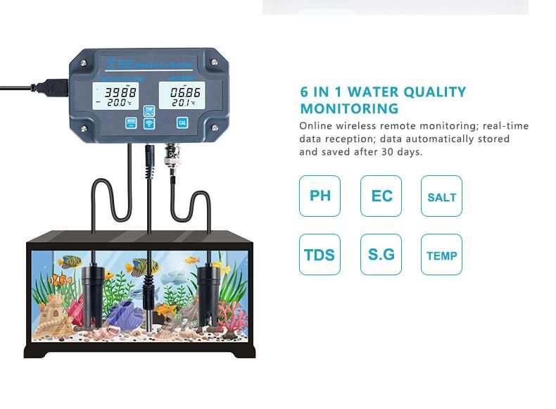 WiFi 6 in 1 pH Ec TDS Salt S. G. Temperature Meter APP Online Acidimeter Electric Conductivity Ppm Water Quality Tester