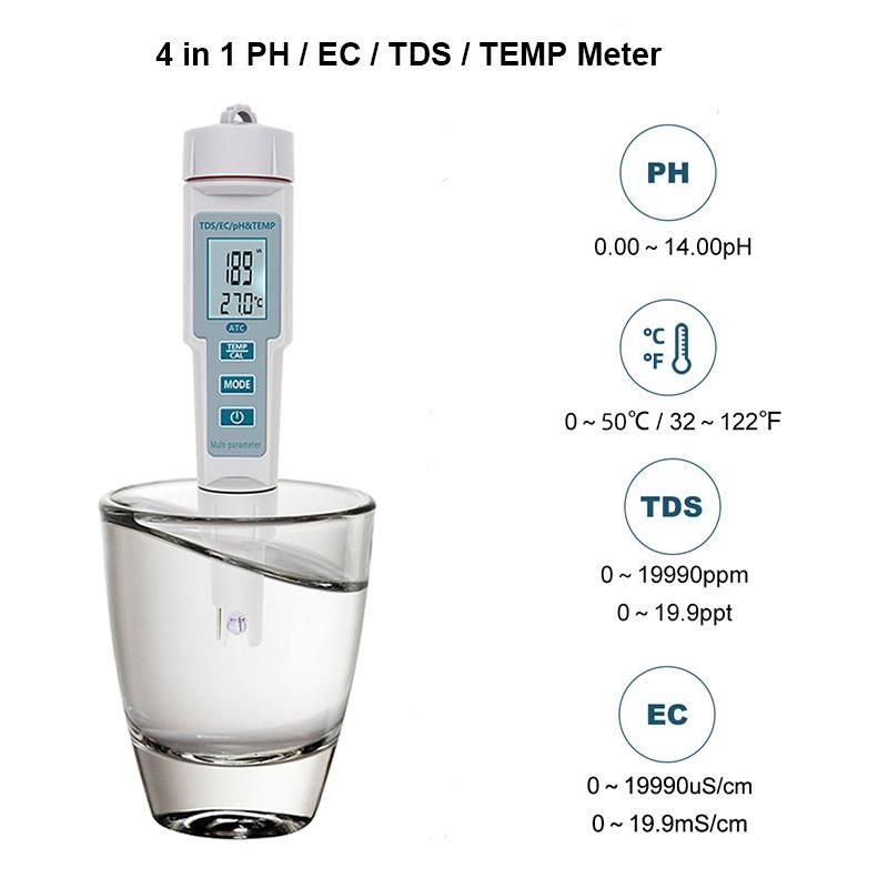 4 in 1 pH TDS Ec Temp Meter Acidimeter Ppm Electric Conductivity Tester